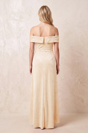 Off - the - Shoulder Sheath Velvet Midi Bridesmaid Dress in Champagne - KISS BRIDAL Bridesmaid Dresses