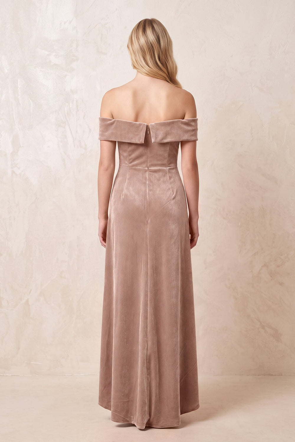 Off-the-Shoulder Sheath Velvet Midi Bridesmaid Dress in Champagne Rose