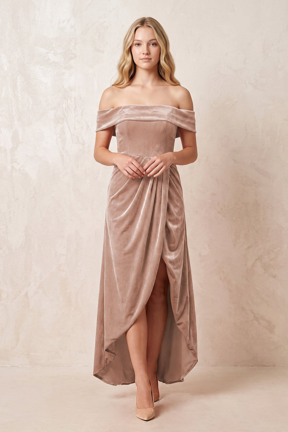 Off-the-Shoulder Sheath Velvet Midi Bridesmaid Dress in Champagne Rose