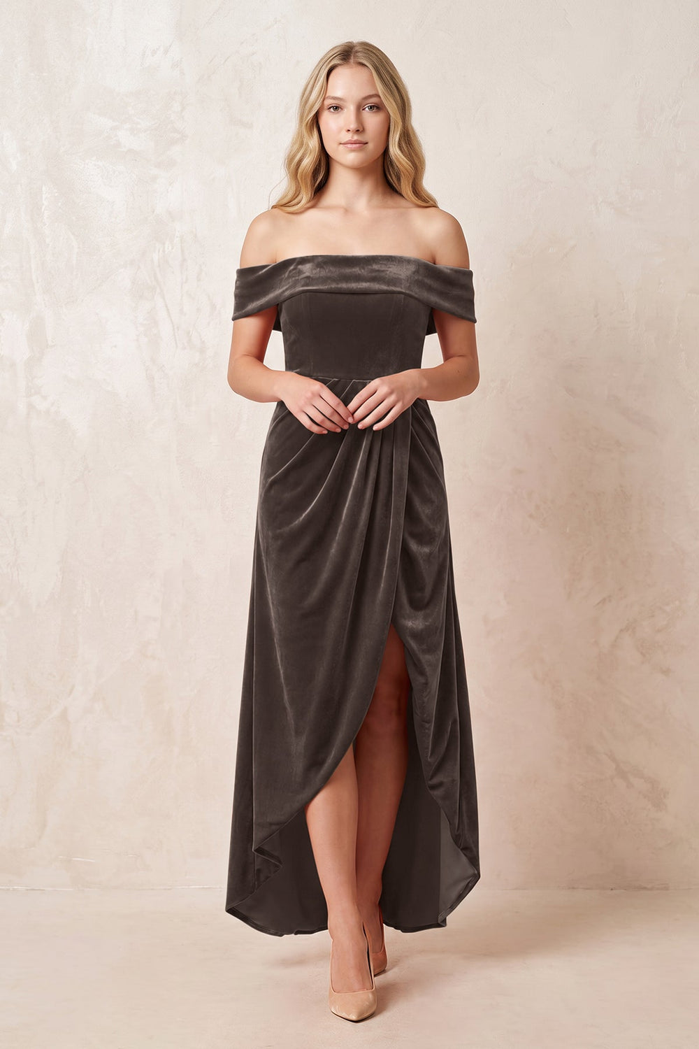 Off-the-Shoulder Sheath Velvet Midi Bridesmaid Dress in Chocolate