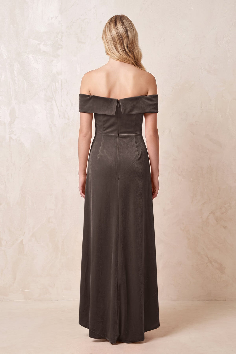 Off-the-Shoulder Sheath Velvet Midi Bridesmaid Dress in Chocolate