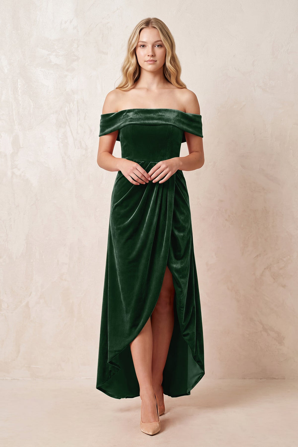 Off-the-Shoulder Sheath Velvet Midi Bridesmaid Dress in Dark Green
