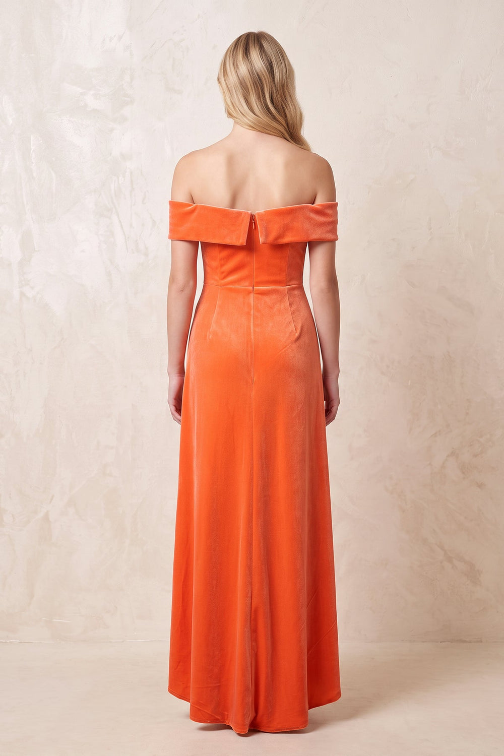 Off-the-Shoulder Sheath Velvet Midi Bridesmaid Dress in Orange
