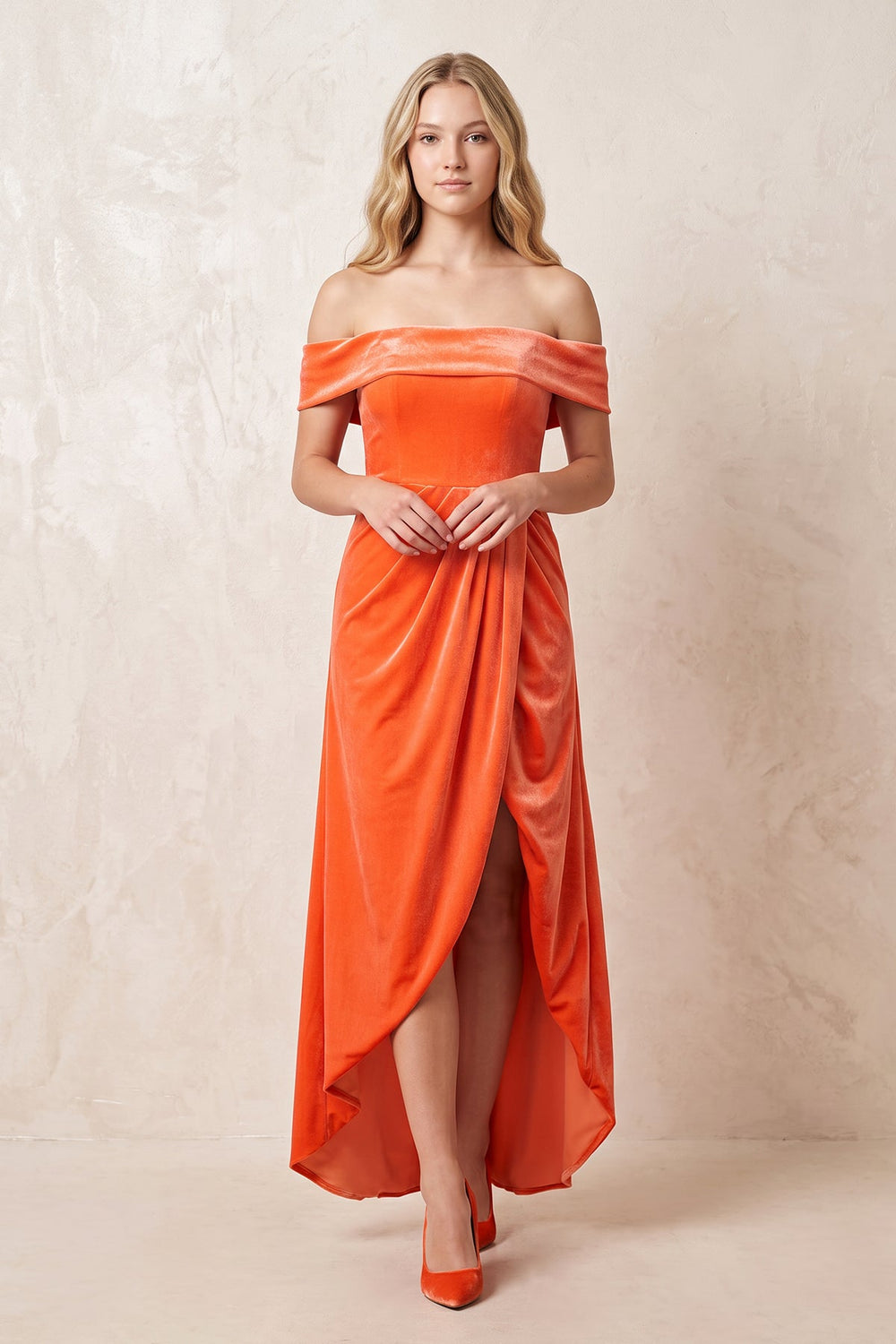 Off-the-Shoulder Sheath Velvet Midi Bridesmaid Dress in Orange