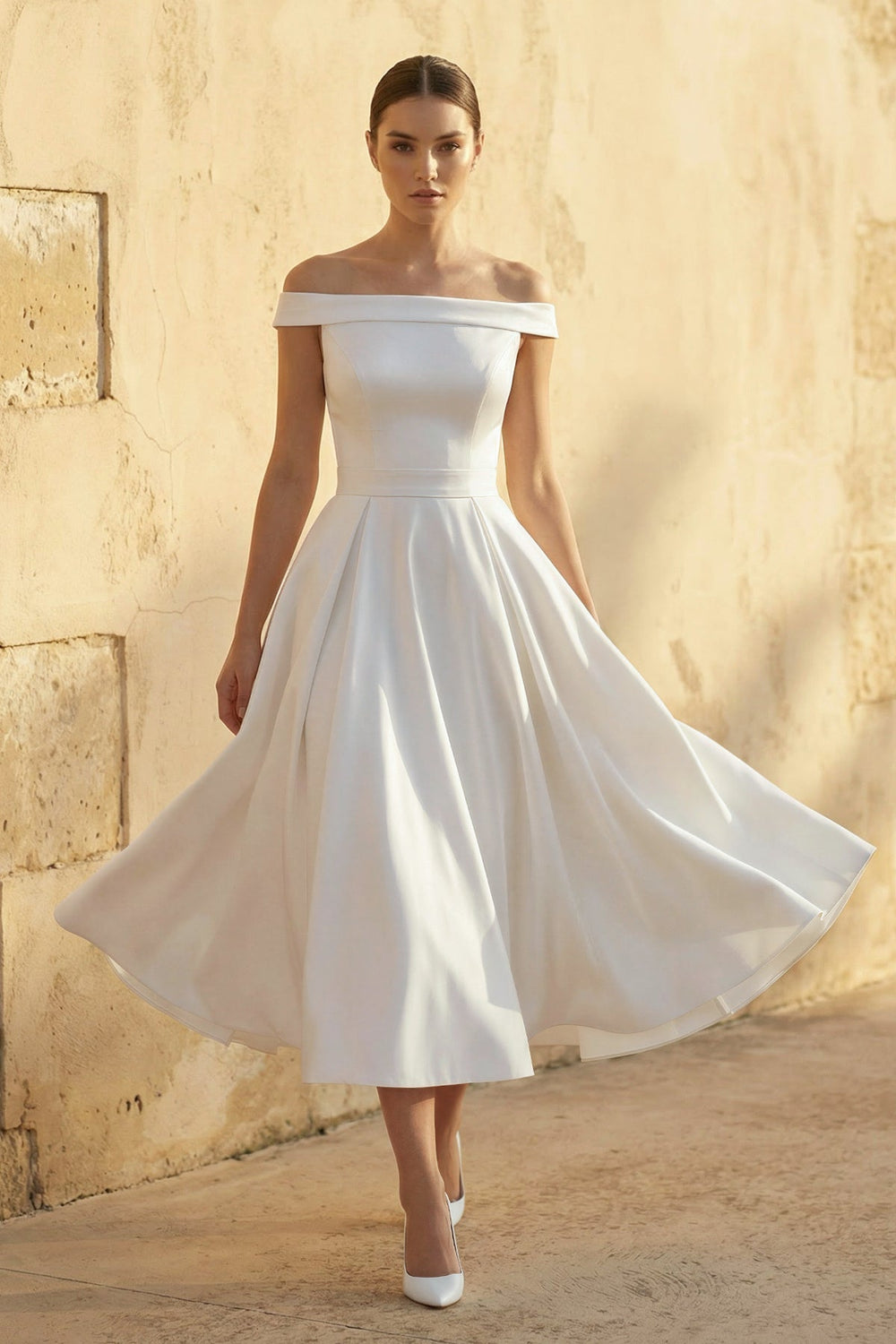 Off-The-Shoulder Satin Wedding Dress in White