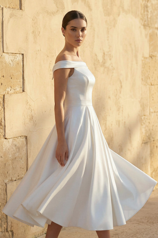 Off - The - Shoulder Sleeveless Satin Wedding Dress in White - KISS BRIDAL Wedding Dresses