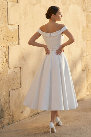Off - The - Shoulder Sleeveless Satin Wedding Dress in White - KISS BRIDAL Wedding Dresses