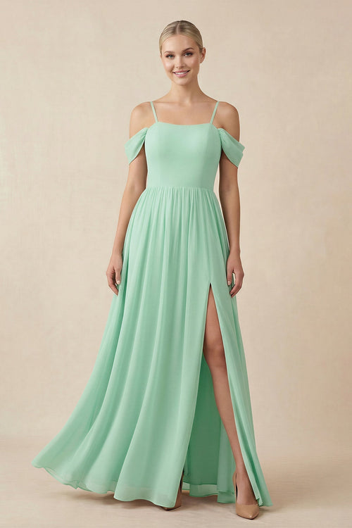 Off-the-Shoulder Sweetheart A-Line Chiffon Bridesmaid Dress in Pale Pistachio - KISS BRIDAL BRIDESMAID DRESSES