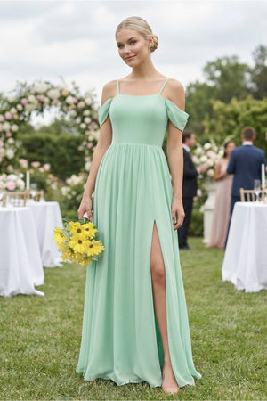 Off-the-Shoulder Sweetheart A-Line Chiffon Bridesmaid Dress in Pale Pistachio - KISS BRIDAL BRIDESMAID DRESSES