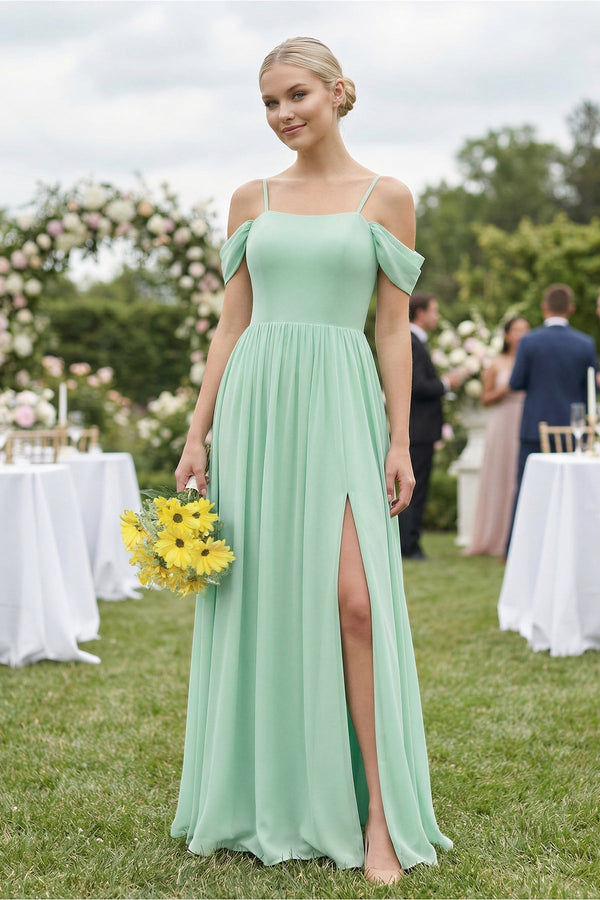 Off-the-Shoulder Sweetheart A-Line Chiffon Bridesmaid Dress in Pale Pistachio - KISS BRIDAL BRIDESMAID DRESSES