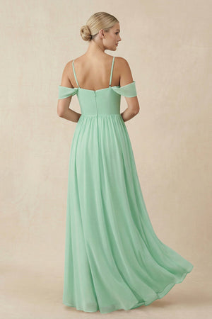 Off-the-Shoulder Sweetheart A-Line Chiffon Bridesmaid Dress in Pale Pistachio - KISS BRIDAL BRIDESMAID DRESSES