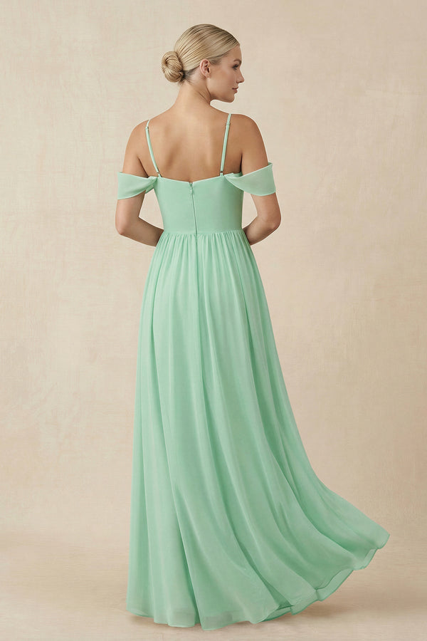 Off-the-Shoulder Sweetheart A-Line Chiffon Bridesmaid Dress in Pale Pistachio - KISS BRIDAL BRIDESMAID DRESSES