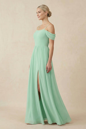 Off-the-Shoulder Sweetheart A-Line Chiffon Bridesmaid Dress in Pale Pistachio - KISS BRIDAL BRIDESMAID DRESSES