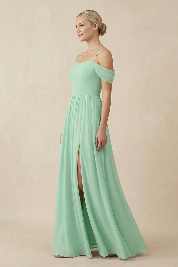 Off-the-Shoulder Sweetheart A-Line Chiffon Bridesmaid Dress in Pale Pistachio - KISS BRIDAL BRIDESMAID DRESSES