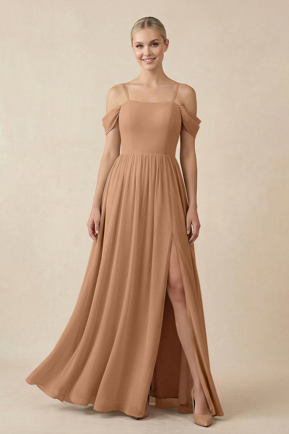 Off-the-Shoulder Sweetheart A-Line Chiffon Bridesmaid Dress in Bronzer