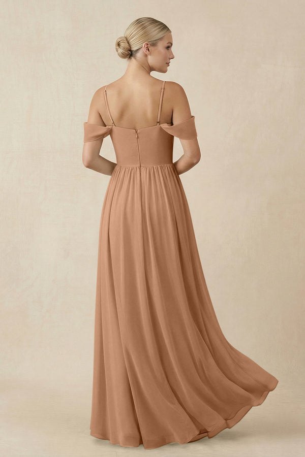 Off - the - Shoulder Sweetheart A - Line Chiffon Bridesmaid Dress in Bronzer - KISS BRIDAL Bridesmaid Dresses