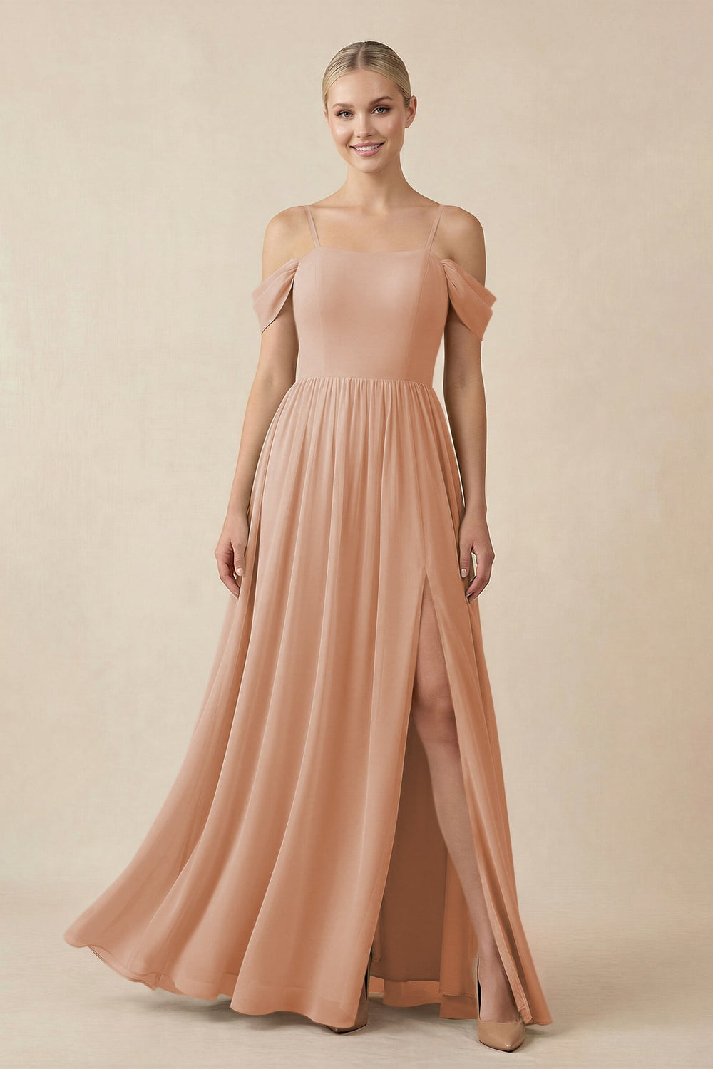 Off-the-Shoulder Sweetheart A-Line Chiffon Bridesmaid Dress in Champagne Rose