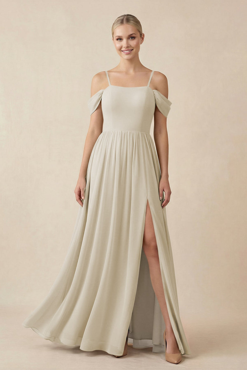 Off-the-Shoulder Sweetheart A-Line Chiffon Bridesmaid Dress in Dove Gray