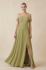 Off-the-Shoulder Sweetheart A-Line Chiffon Bridesmaid Dress in Moss Green | KISSBRIDAL