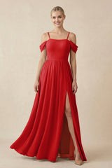 Off - the - Shoulder Sweetheart A - Line Chiffon Bridesmaid Dress in Ruby Red - KISS BRIDAL Bridesmaid Dresses