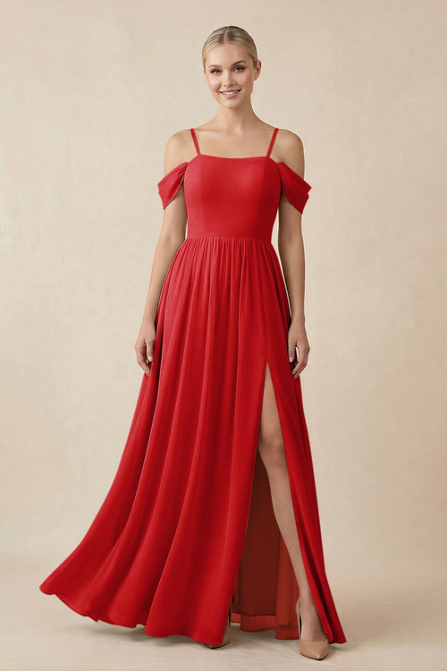Off - the - Shoulder Sweetheart A - Line Chiffon Bridesmaid Dress in Ruby Red - KISS BRIDAL Bridesmaid Dresses