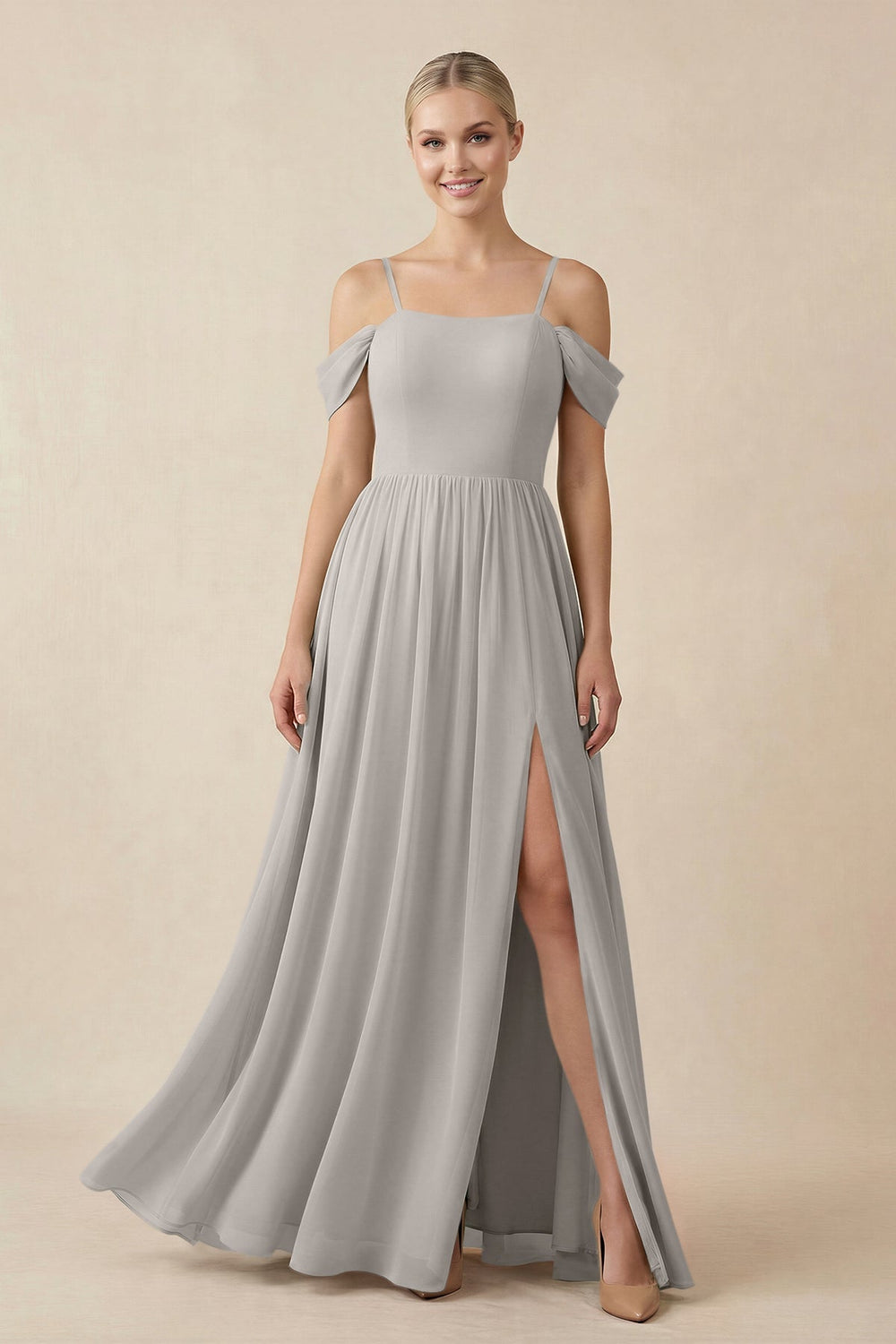Off-the-Shoulder Sweetheart A-Line Chiffon Bridesmaid Dress in Silver