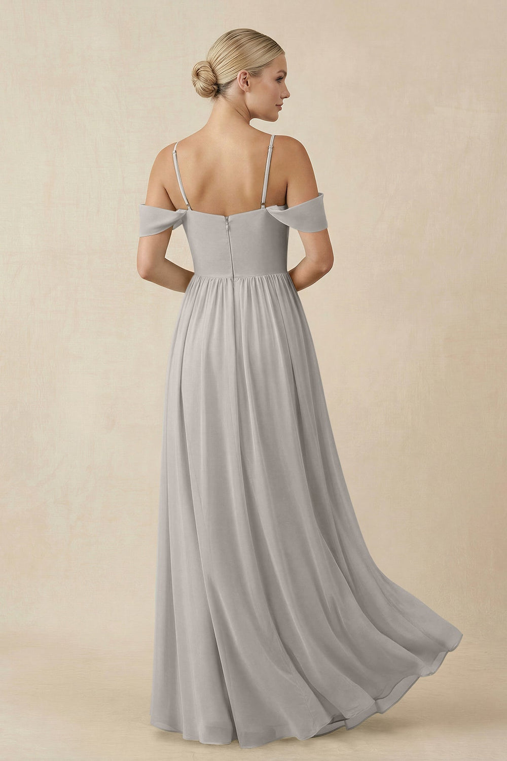 Off-the-Shoulder Sweetheart A-Line Chiffon Bridesmaid Dress in Silver