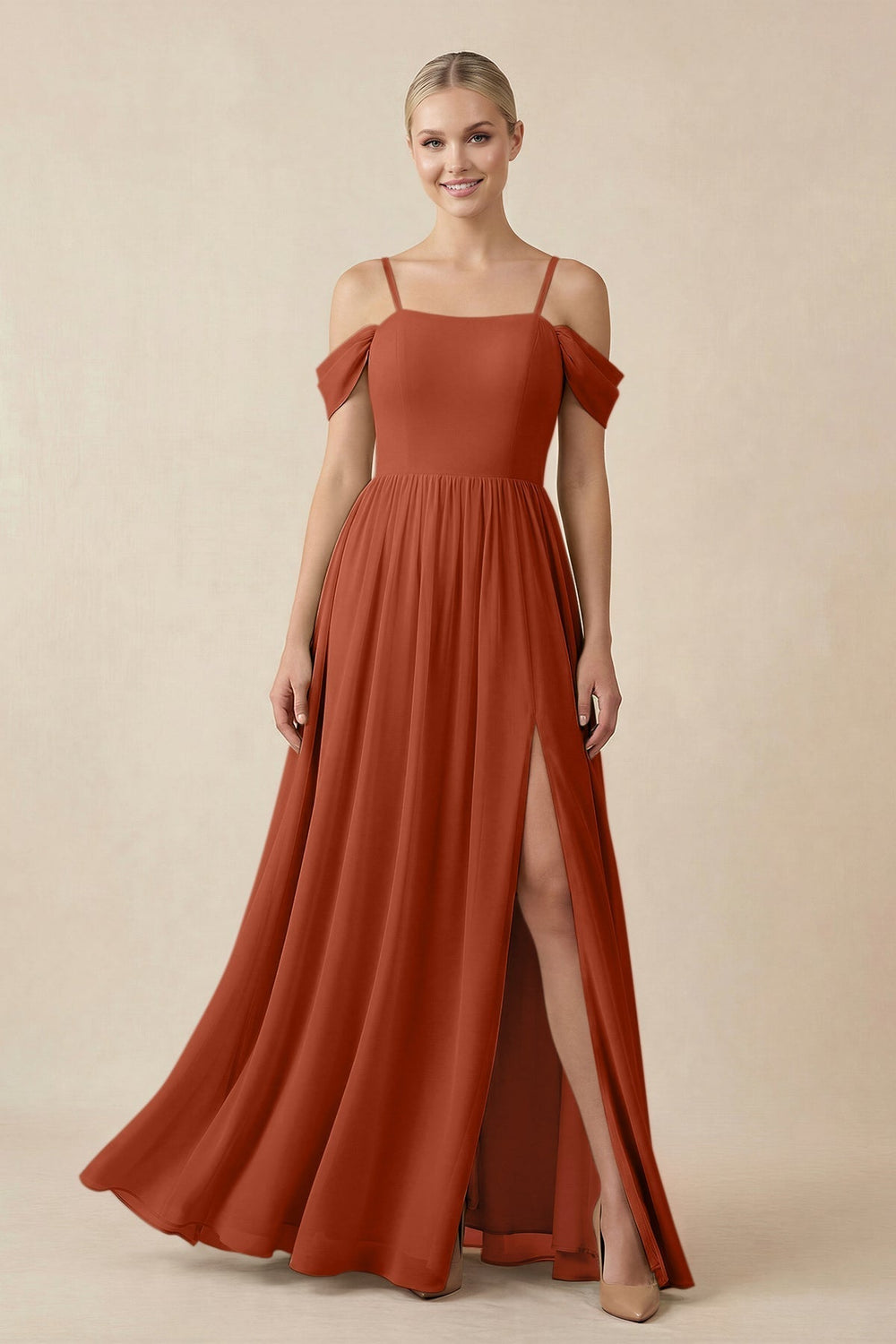 Off-the-Shoulder Sweetheart A-Line Chiffon Bridesmaid Dress in Spice