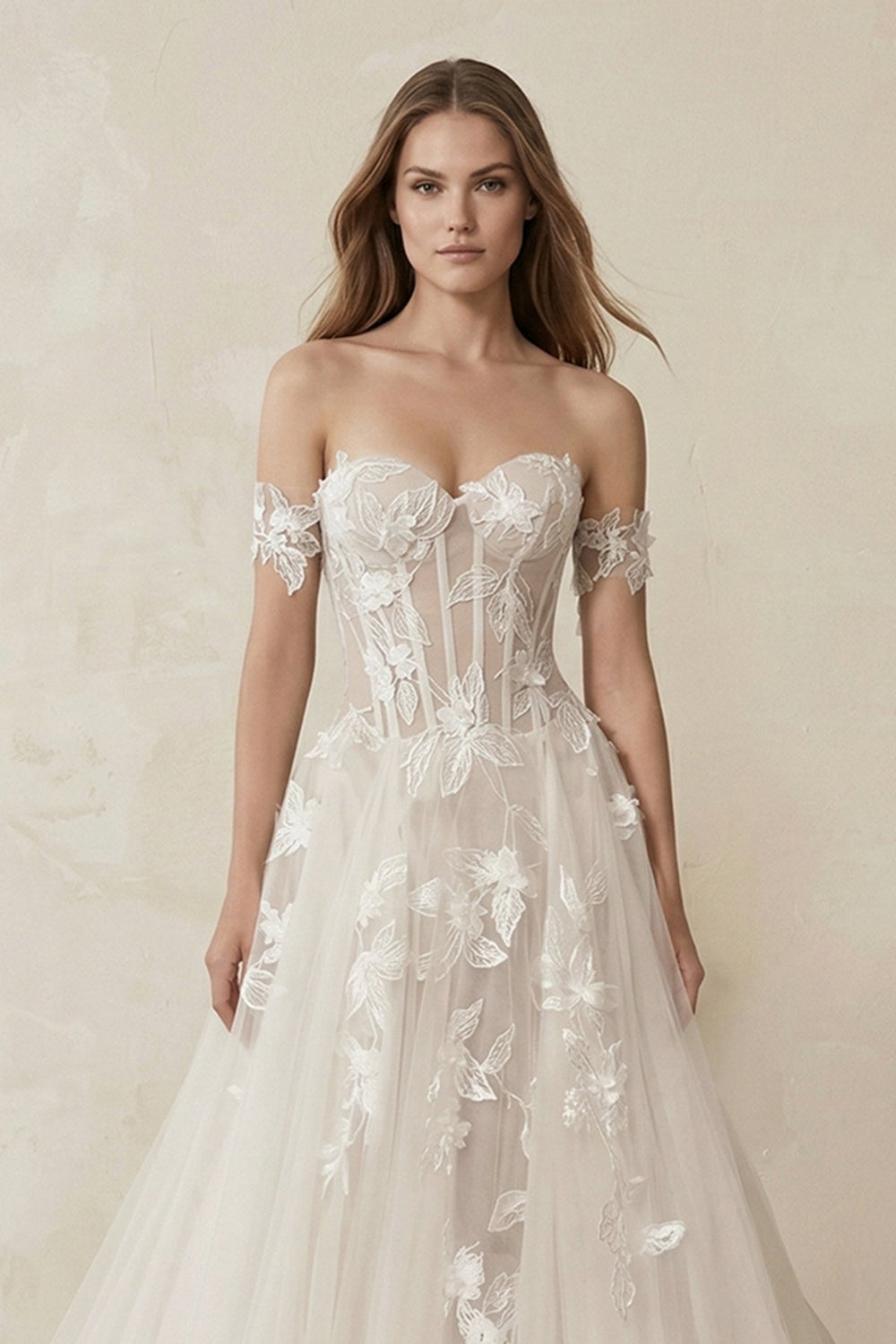 Off-the-Shoulder Tulle A-Line Corset Appliqued Wedding Dress in Ivory