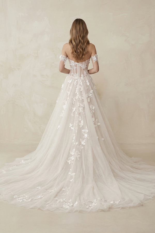 Off - the - Shoulder Tulle A - Line Corset Appliqued Wedding Dress in Ivory - KISS BRIDAL Wedding Dresses