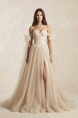 Off - the - Shoulder Tulle A - Line Wedding Dress in Champagne - KISS BRIDAL Wedding Dresses