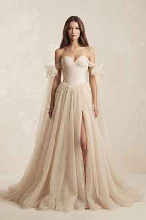Off - the - Shoulder Tulle A - Line Wedding Dress in Champagne - KISS BRIDAL Wedding Dresses
