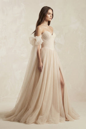 Off - the - Shoulder Tulle A - Line Wedding Dress in Champagne - KISS BRIDAL Wedding Dresses