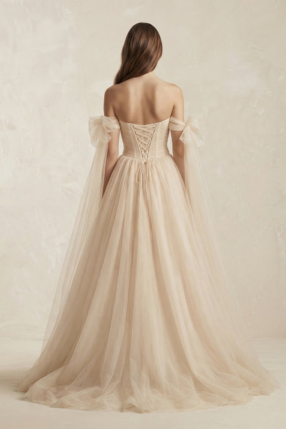 Off-the-Shoulder Tulle A-Line Wedding Dress in Champagne