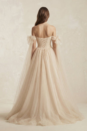 Off - the - Shoulder Tulle A - Line Wedding Dress in Champagne - KISS BRIDAL Wedding Dresses