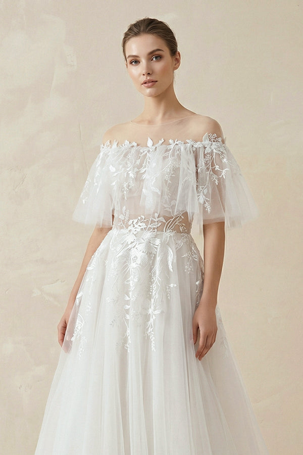 Off - the - Shoulder Tulle A - Line Wedding Dress with Appliqué - KISS BRIDAL Wedding Dresses