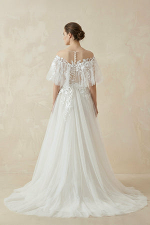 Off - the - Shoulder Tulle A - Line Wedding Dress with Appliqué - KISS BRIDAL Wedding Dresses