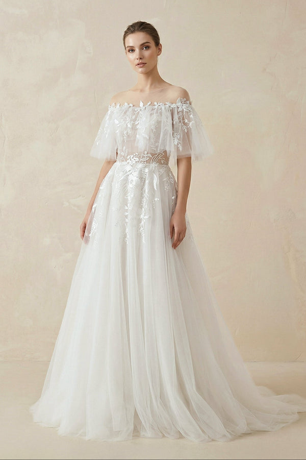 Off - the - Shoulder Tulle A - Line Wedding Dress with Appliqué - KISS BRIDAL Wedding Dresses