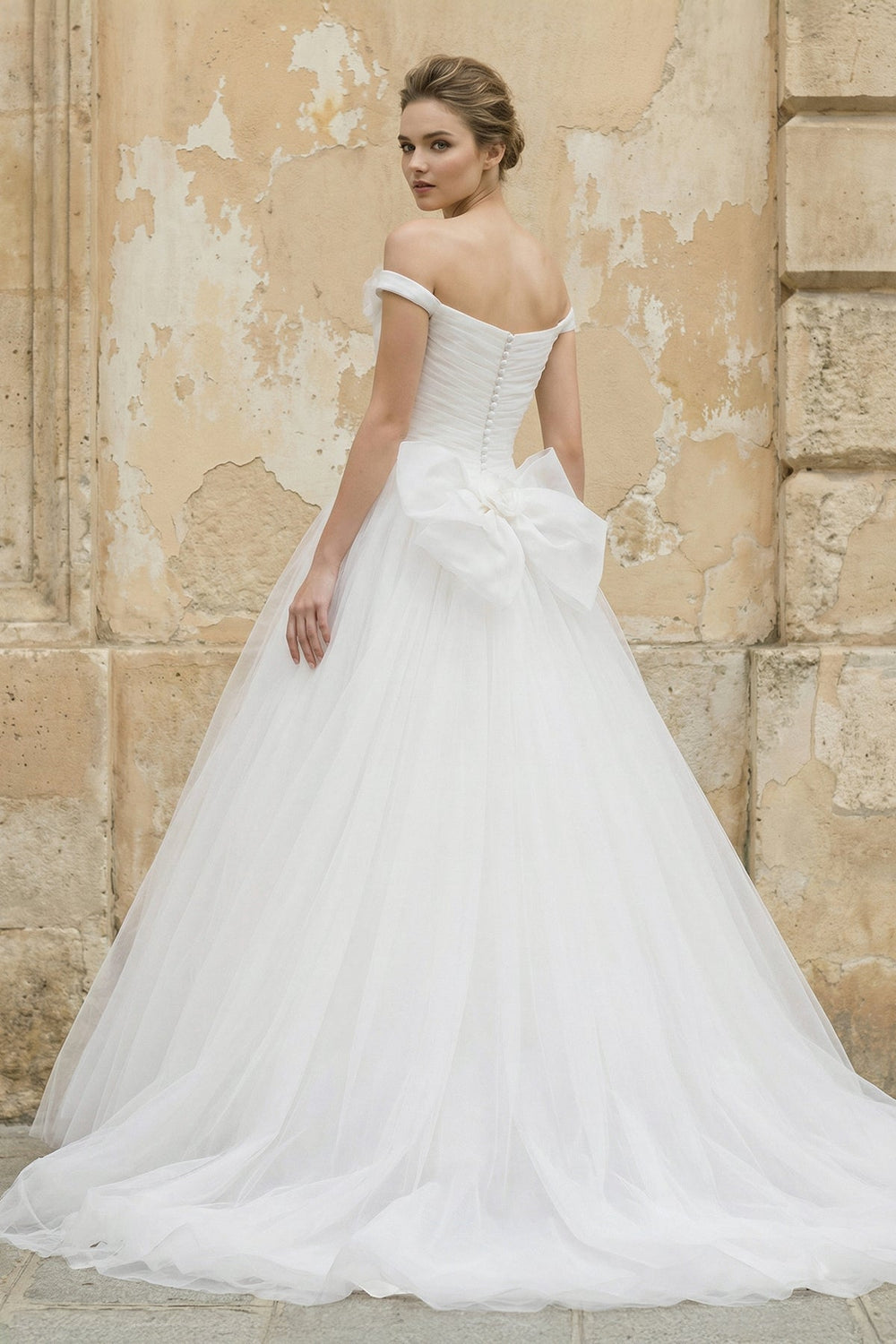 Off The Shoulder Tulle Ball Gown With Floral in White