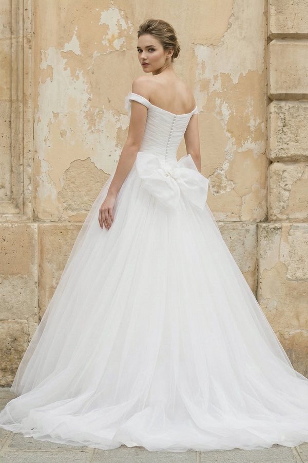 Off The Shoulder Tulle Ball Gown With Floral in White - KISS BRIDAL Wedding Dresses