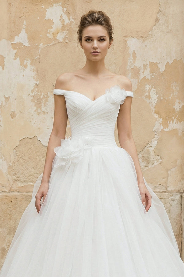 Off The Shoulder Tulle Ball Gown With Floral in White - KISS BRIDAL Wedding Dresses