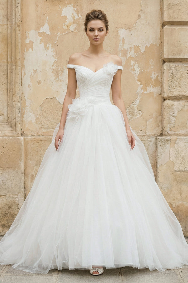 Off The Shoulder Tulle Ball Gown With Floral in White - KISS BRIDAL Wedding Dresses