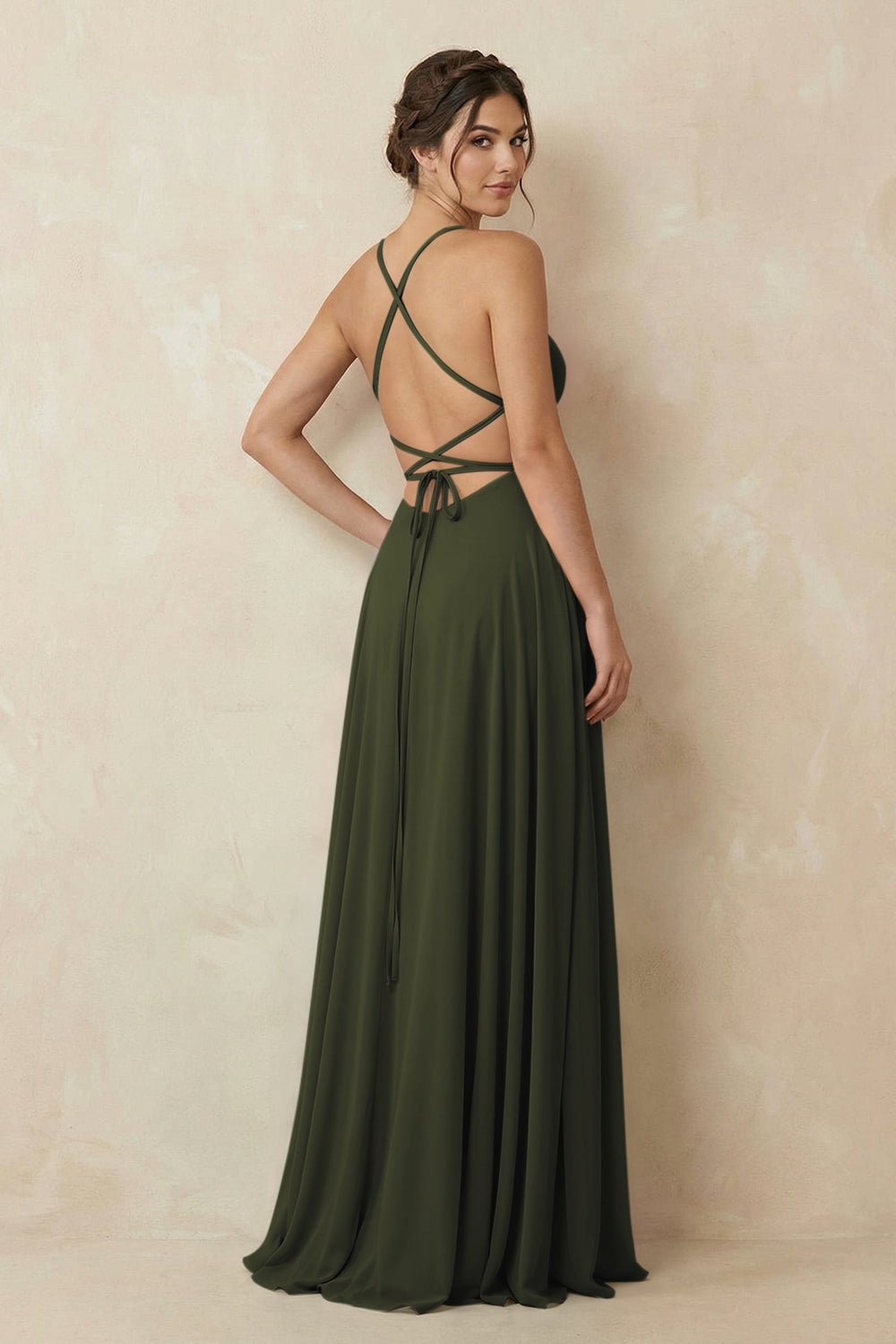 A-Line Chiffon Bridesmaid Dress With Slit in Olive