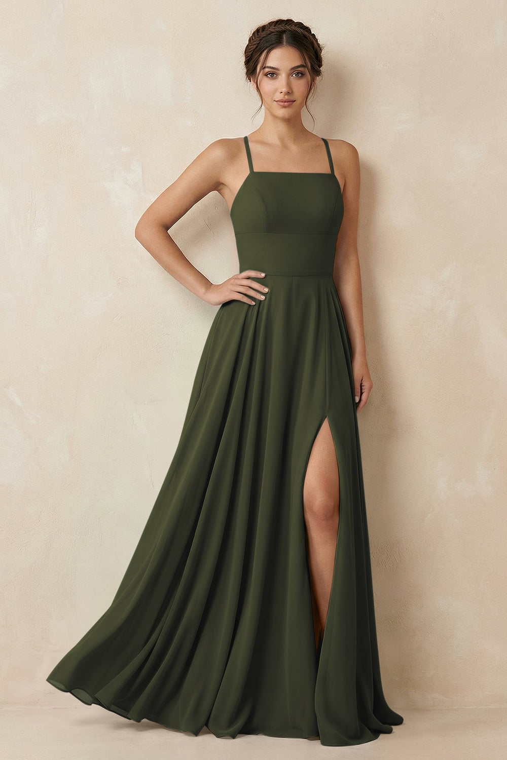 A-Line Chiffon Bridesmaid Dress With Slit in Olive