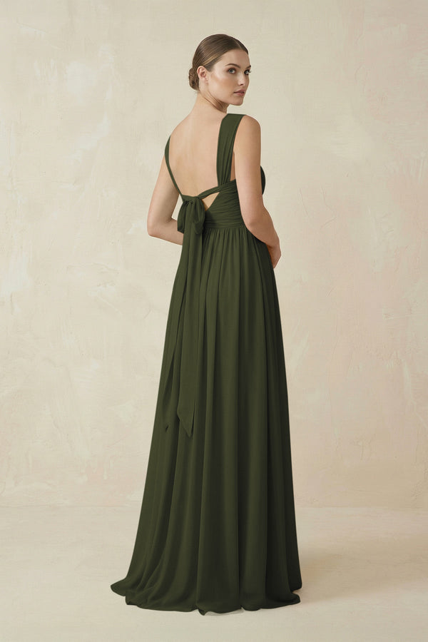 Olive A-Line Pleated Chiffon Long Bridesmaid Dress (2) | KISSBRIDAL