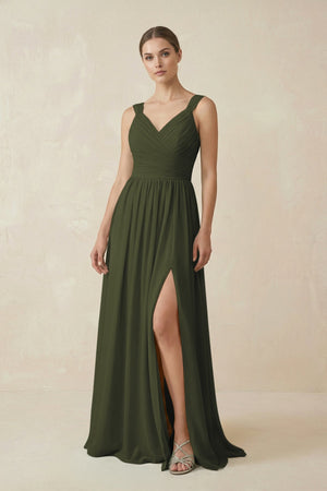 Olive A-Line Pleated Chiffon Long Bridesmaid Dress | KISSBRIDAL