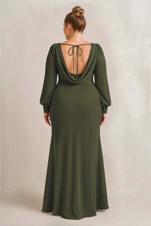 Olive Long Sleeve V-Neck Sheath Chiffon Bridesmaid Dress (2) [sizeplus] | KISSBRIDAL