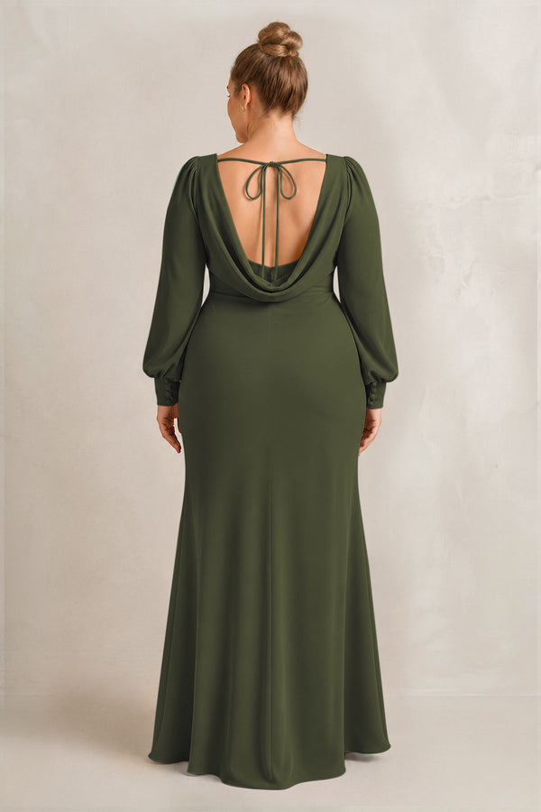 Olive Long Sleeve V-Neck Sheath Chiffon Bridesmaid Dress (2) [sizeplus] | KISSBRIDAL