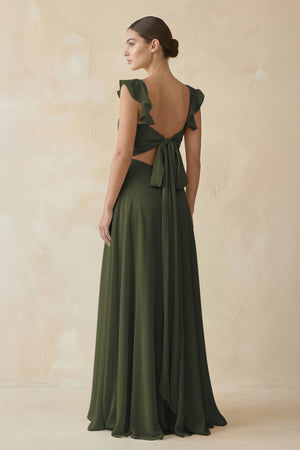 Olive Ruffled Chiffon A-Line Long Bridesmaid Dress (2) | KISSBRIDAL