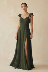 Olive Ruffled Chiffon A-Line Long Bridesmaid Dress | KISSBRIDAL